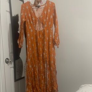 Forever 21 Orange Patterned Long Sleeve Dress